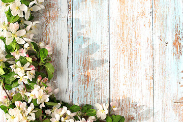 Abstract floral arrangement,Beautiful spring blossoming apple tree branches on sunny background,banner,still life with space for text,floral holiday card,summer greeting concept,selective focus.