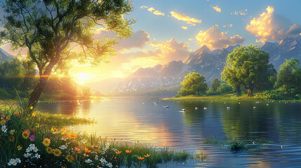 Beautiful landscape with lake and mountains at sunset 2d illustration