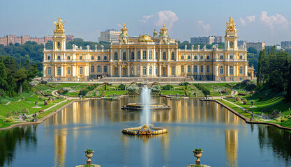 Fototapeta premium Beautiful palace with regular park and fountains, inspired by palaces of 18-19th centuries. History, travel and culture concept. Drone camera photo