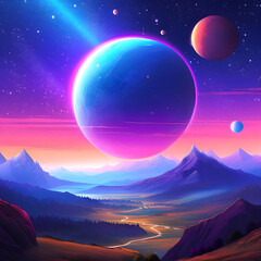 Celestial Landscape  with Planets and Mountains