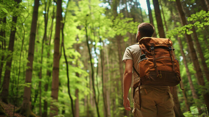 Fototapeta premium Hiking adventure awaits. Discover the beauty of nature with this captivating image of a hiker venturing into a vibrant green forest, backpack ready for adventure.