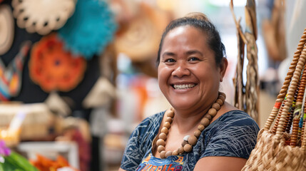 happy Samoan woman in her small craft store selling handcrafted wooden necklaces and handmade baskets, showcasing the vibrant colors of Hawaiian artistry 
