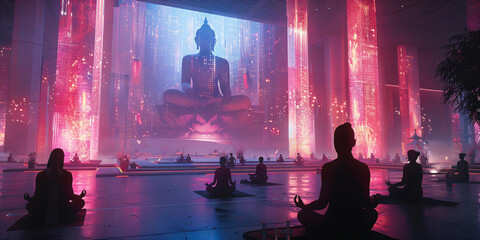 People meditating in front of a large digital Buddha projection. Futuristic spiritual practice. Sci-fi meditation concept. Design for poster, banner, wallpaper, header