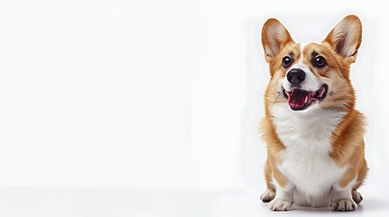 A cute corgi sits on a white background and looks at the camera with a happy expression.