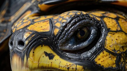 Detailed view of a black and yellow tortoise