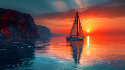 Tangerine Dream: Lone Sailboat Sailing Through Deep Emerald Waters at Sunset