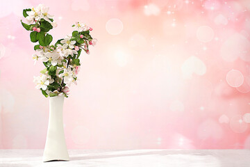 Abstract floral composition,Beautiful spring blooming apple tree branches in a vase on a sunny background, banner. still life with space for text, floral holiday card, summer greeting concept