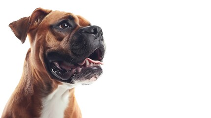 Fototapeta premium Brown and white boxer dog looking up at something.