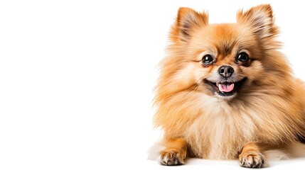 Cute smiling fluffy brown Pomeranian dog isolated on white background