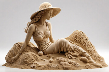 Sand Sculpture Woman in Hat at the Beach - Holiday Theme.