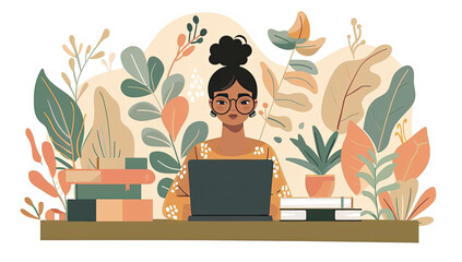 Fototapeta premium Woman Working with Laptop Surrounded by Plants