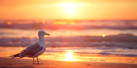 Twilight Serenade Seagulls on Sunset Beach, Golden Hour Gliders Seagulls in Sunset Skies