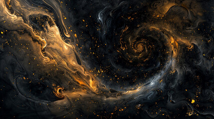 Abstract vortex, swirling black and gold, fluid motion, cosmic nebula