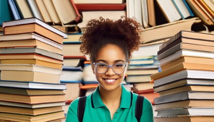 jovem estudante cercada de livros