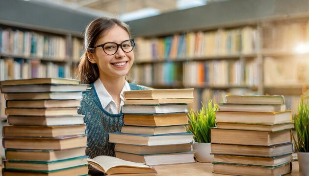 estudante com muitos livros na biblioteca