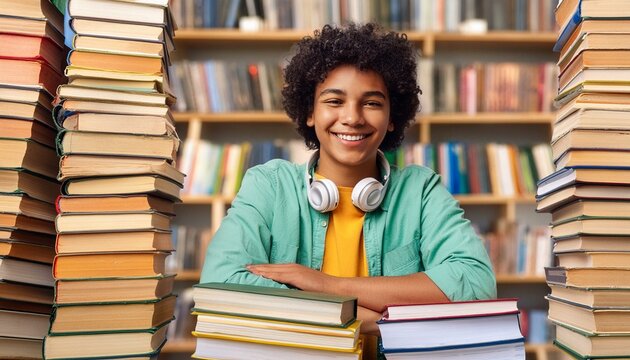 estudante cercado de livros