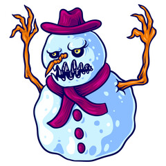 snowman with purple hat and scarf