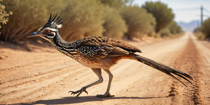 Roadrunner Stands on a Dirt Road. A roadrunner with a long, blue beak and brown-streaked feathers stands on a dirt road .