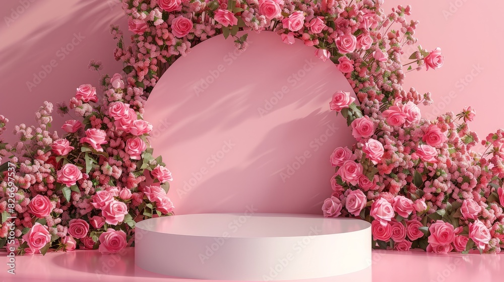 Sticker Product display podium with a pink rose backdrop