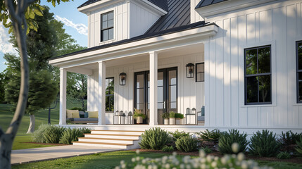 Fototapeta premium Layout of a one-story house with glass windows, a porch, lawns and flowers in front of it.