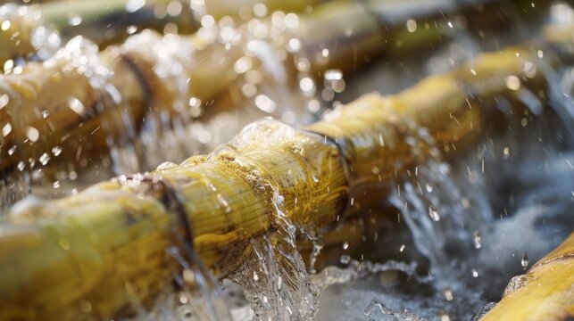 Freshly cut sugarcane stems being washed with water at a plantation, showcasing the early stages of processing on a sunny day.