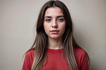 Fototapeta premium Woman in red shirt showing nose, lips, mouth, smile, jaw, and eyelashes