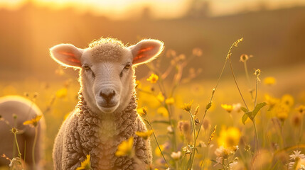 Obraz premium Sheep in a meadow, golden hour, warm sunlight