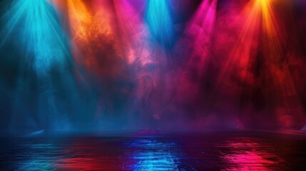 Dark abstract background illuminated by colorful stage spotlights
