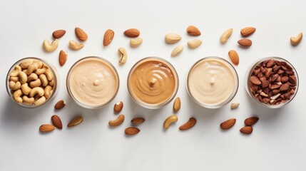Fototapeta premium Assorted Nut Butters And Their Whole Nut Origins On A White Background. Generative AI