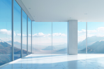 3D rendering of a white empty square room with a glass wall and a blue sky background. A modern minimal interior design of an open space office