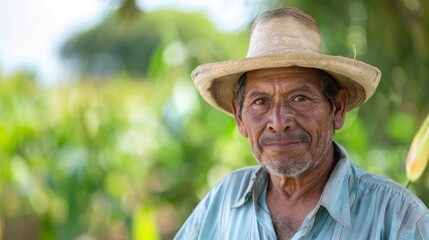 An elderly farmer in a straw hat stands in a vibrant, green field. The background is blurred, highlighting the serene agricultural landscape.