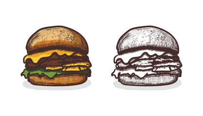 A hand-drawn burger vector illustration. Hand drawing sketch engraving illustration style burger design. Delicious hamburger art.