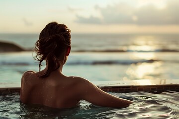 A woman is peacefully relaxing in an infinity pool at sunset, gazing at the ocean horizon. The serene and calming scene offers a breathtaking view, perfect for leisure and tranquility