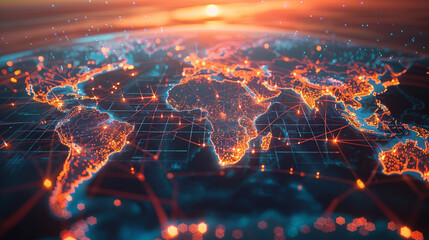 World map, glowing network connections, sunset, digital interface, futuristic, global communication, aerial view
