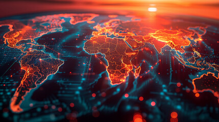 World map, glowing network connections, sunset, digital interface, futuristic, global communication, aerial view