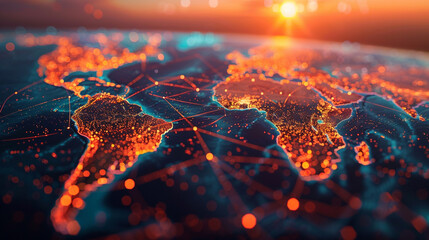 World map, glowing network connections, sunset, digital interface, futuristic, global communication, aerial view