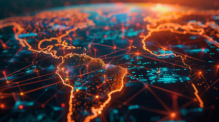 World map, glowing network connections, sunset, digital interface, futuristic, global communication, aerial view
