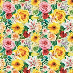 Roses, tulips, orchids, sunflowers, lilies, daisies, daisies, dahlias, parrot watercolor green yellow very beautiful , leaves, colorful textiles, fashion, fabric patterns, seamless, background 