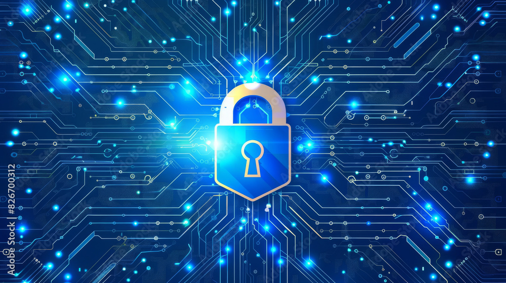 Fototapete Vibrant illustration depicting a padlock symbol integrated into a complex circuit board pattern, symbolizing secure digital data