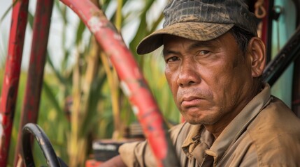 Obraz premium A farmer sits on his tractor in a cornfield, looking directly at the camera. He is wearing a cap and work clothes, showing a determined expression.