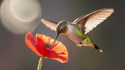 Naklejka premium A mesmerizing dance of a hummingbird hovering over a stunning red poppy.
