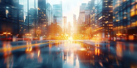 Fototapeta premium The dynamic motion of traffic amid city lights and skyscrapers in a bustling downtown scene.