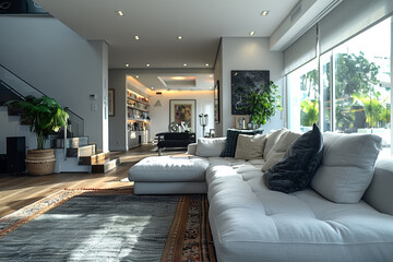 In a spacious, sunlit residential lounge, contemporary furniture create a comfortable, stylish ambiance.