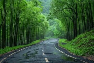 Obraz premium Navigate the wet, tranquil road through a woodland scene, amidst lush foliage and misty beauty.