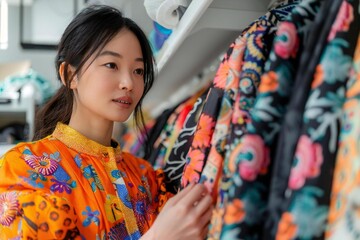Close-up photo of Asian female fashion designer examining fabric samples in her studio.