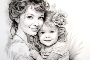 Mother hugs her daughter, black and white pencil drawing. Can be used to illustrate texts about the relationship between parents and children.