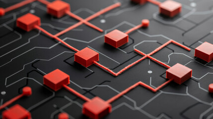 3d render of an intricate network with red connectors symbolizing connectivity or data pathways