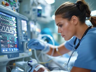 A woman is looking at a monitor in a hospital room. She is wearing a blue scrubs and a white lab coat