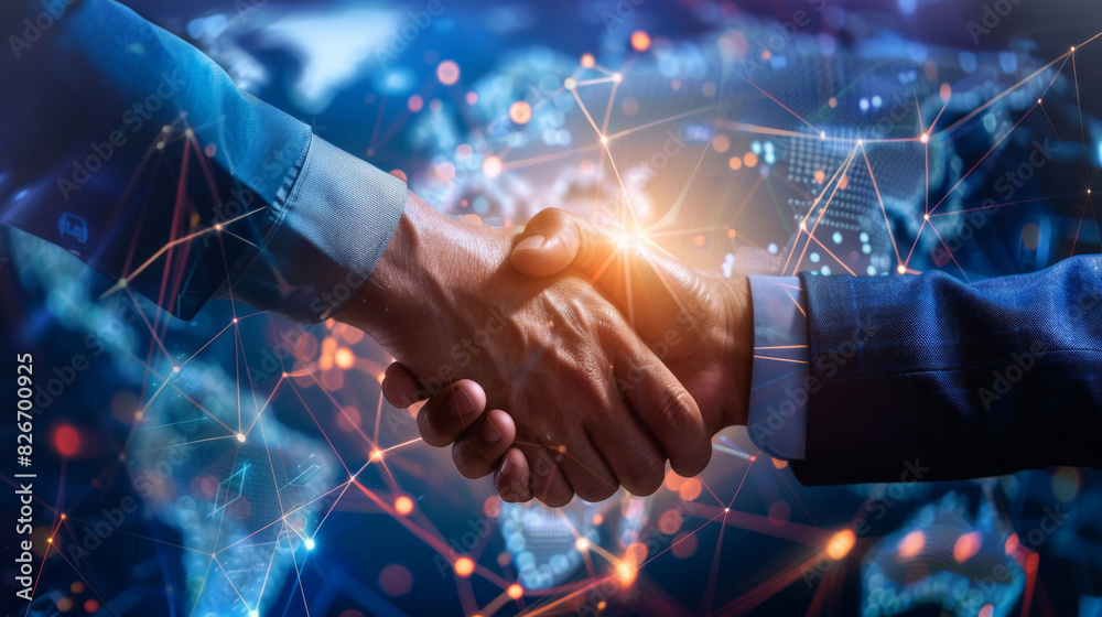Poster two professionals shaking hands with a vibrant digital network overlay symbolizing connectivity