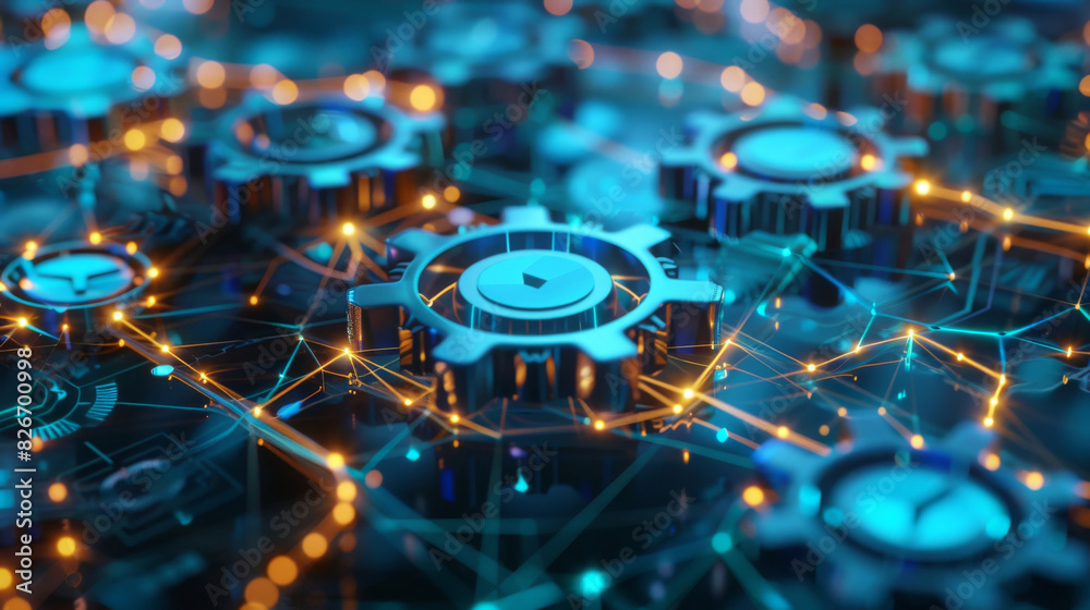 Poster Abstract digital landscape with interconnected gears and glowing circuit lines illustrating advanced tech concept